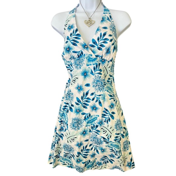 LaBelle Blue Floral Junior Sz 9 Halter Dress Y2K Summer Sundress Party Casual - Picture 1 of 8